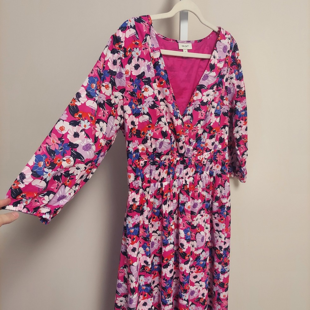 On 34th Womens 0X Pink Floral Cotton Surplice V-Neck Midi Dress Garden Spring